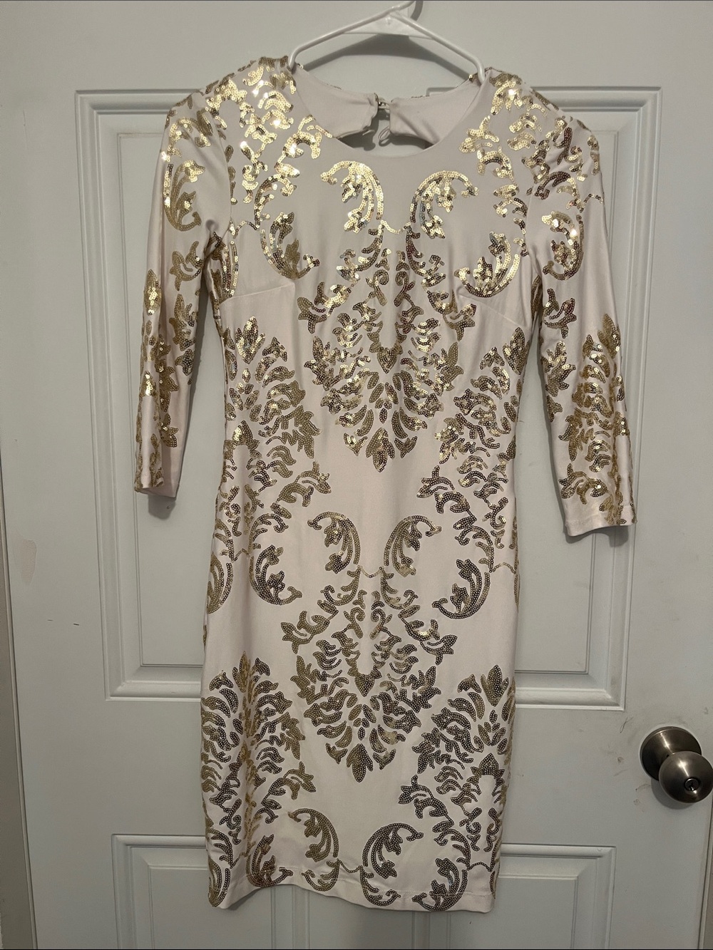 B Darlin Ivory Sheath Dress with Gold Sequin Damask Accents